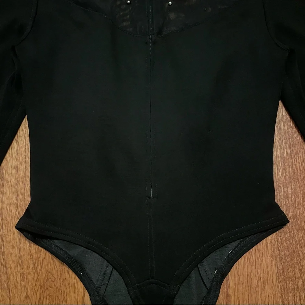 Tadashi Black Long Sleeve Rhinestone Embellished Mesh Thong Bodysuit size M - Picture 10 of 14